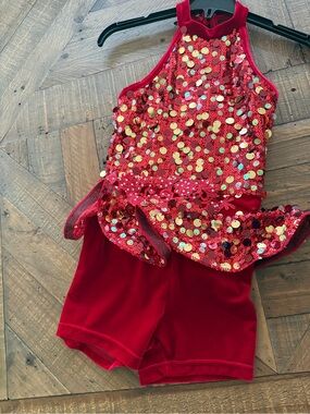 Weissman Red Sequin Halter Dance Costume with Peplum
